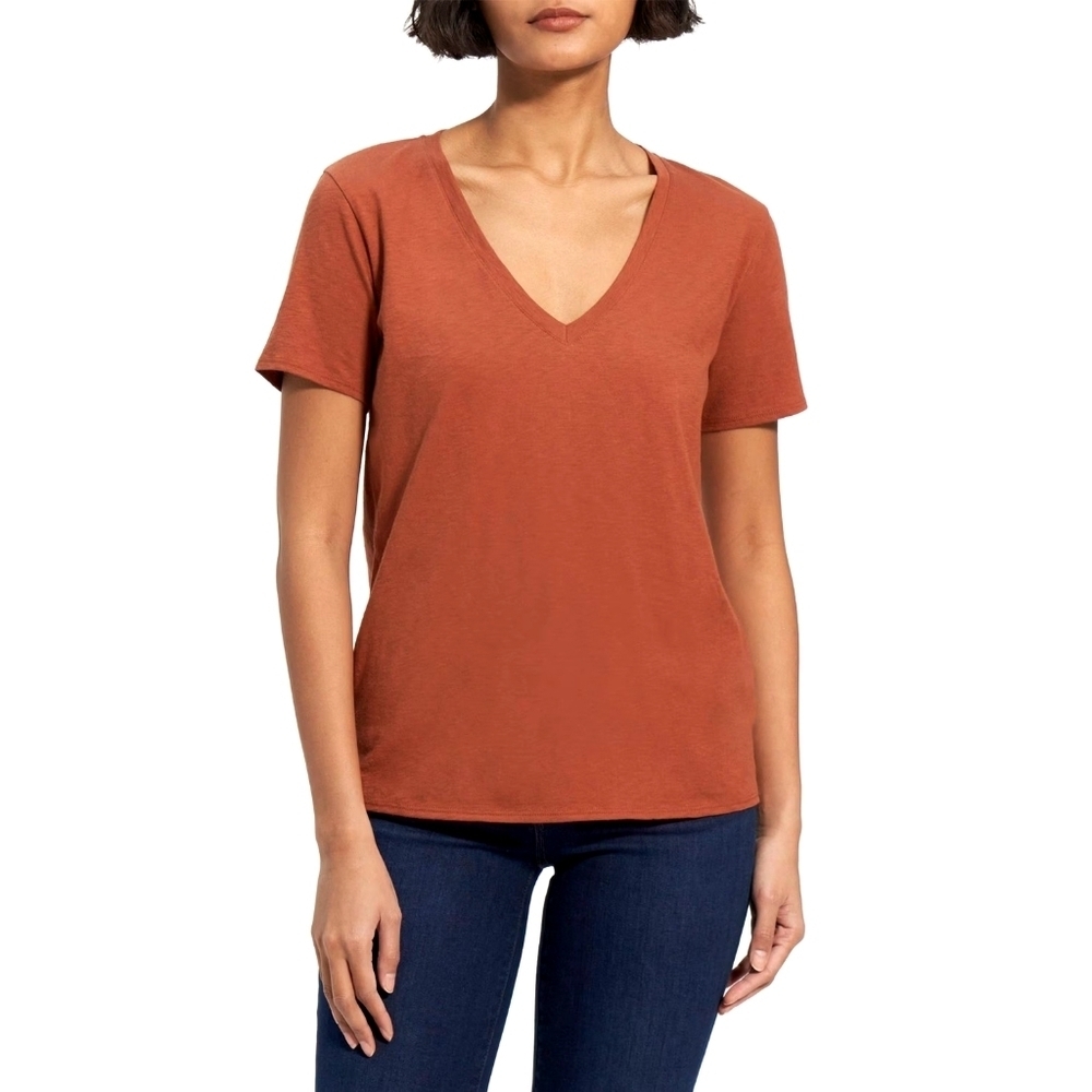 Theory V-Neck Tee in Slub Cotton dark rose pink berry red size medium - Picture 2 of 5